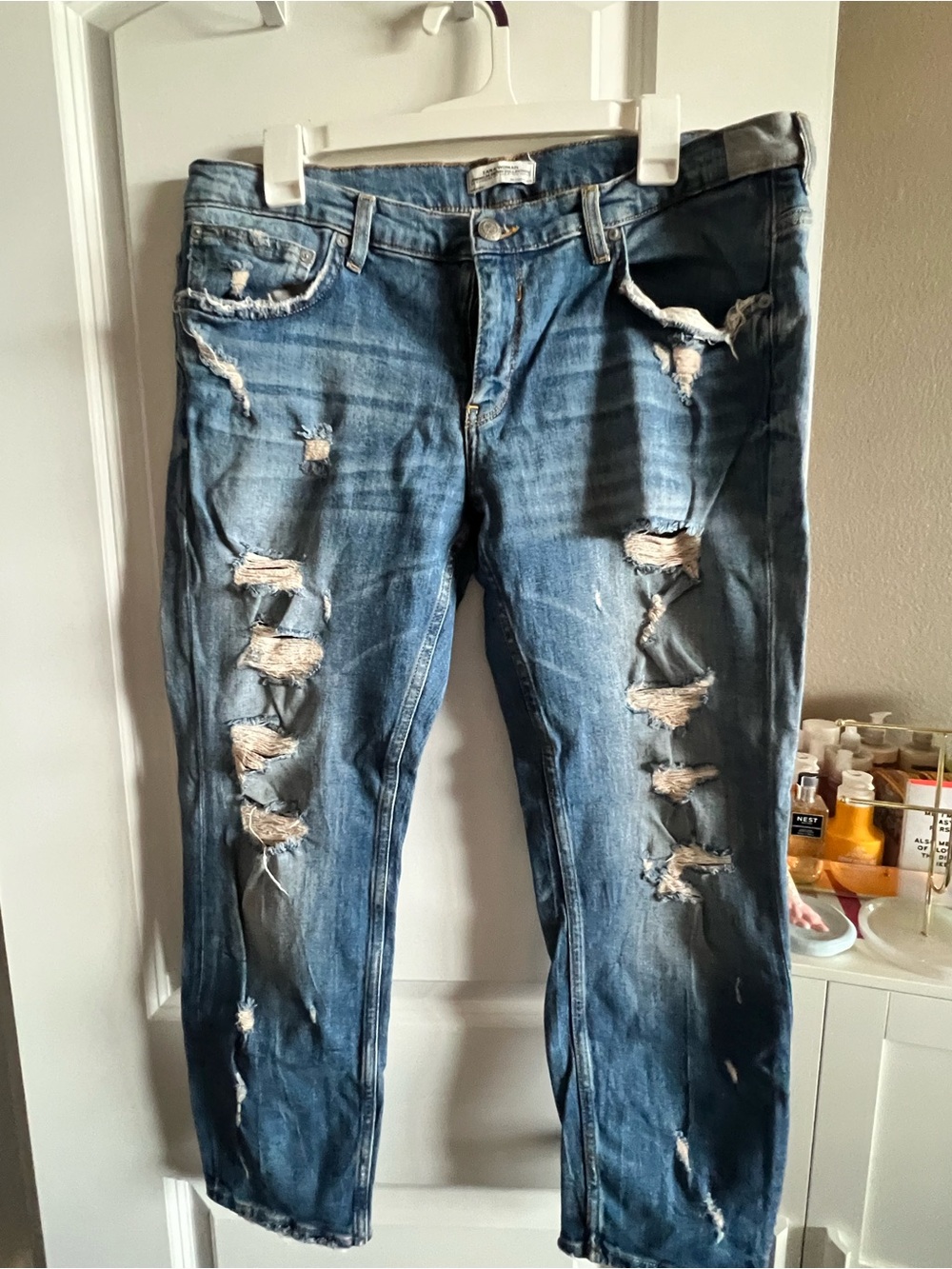 Zara Woman’s Distressed Blue Slim Straight Jeans